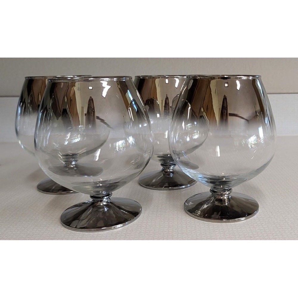 Vitreon Queen's Lusterware Brandy Snifters, Set of 4, Silver Fade, 24 Oz, 1950s